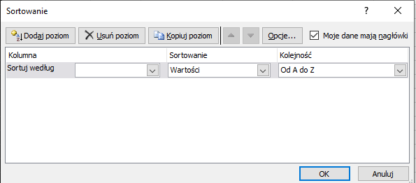 zdjęcie z oknem dialogowym sortowania