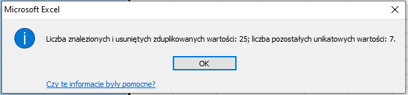 zdjęcie przedstawia komunikat progarmu Excel o ilości usuniętych i pozostałych wartości