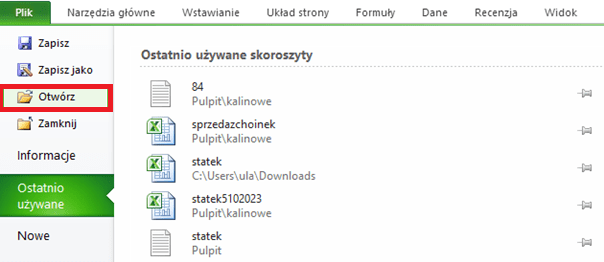 Zdjęcie z lokalizacją zakładki Otwórz
